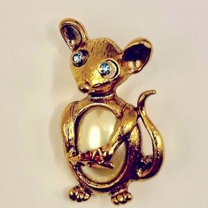 Vintage Mouse Rhinestone Brooch with Cabochon Pearl belly Cheese Crystal…​​​